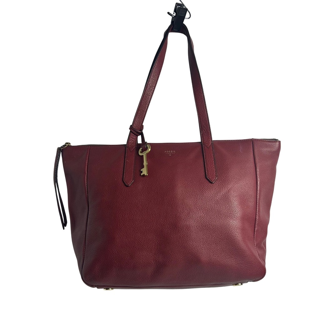 Fossil Rachel Tote Bag Burgundy Pebbled Leather Zip Top Shoulder Bag Gold Key